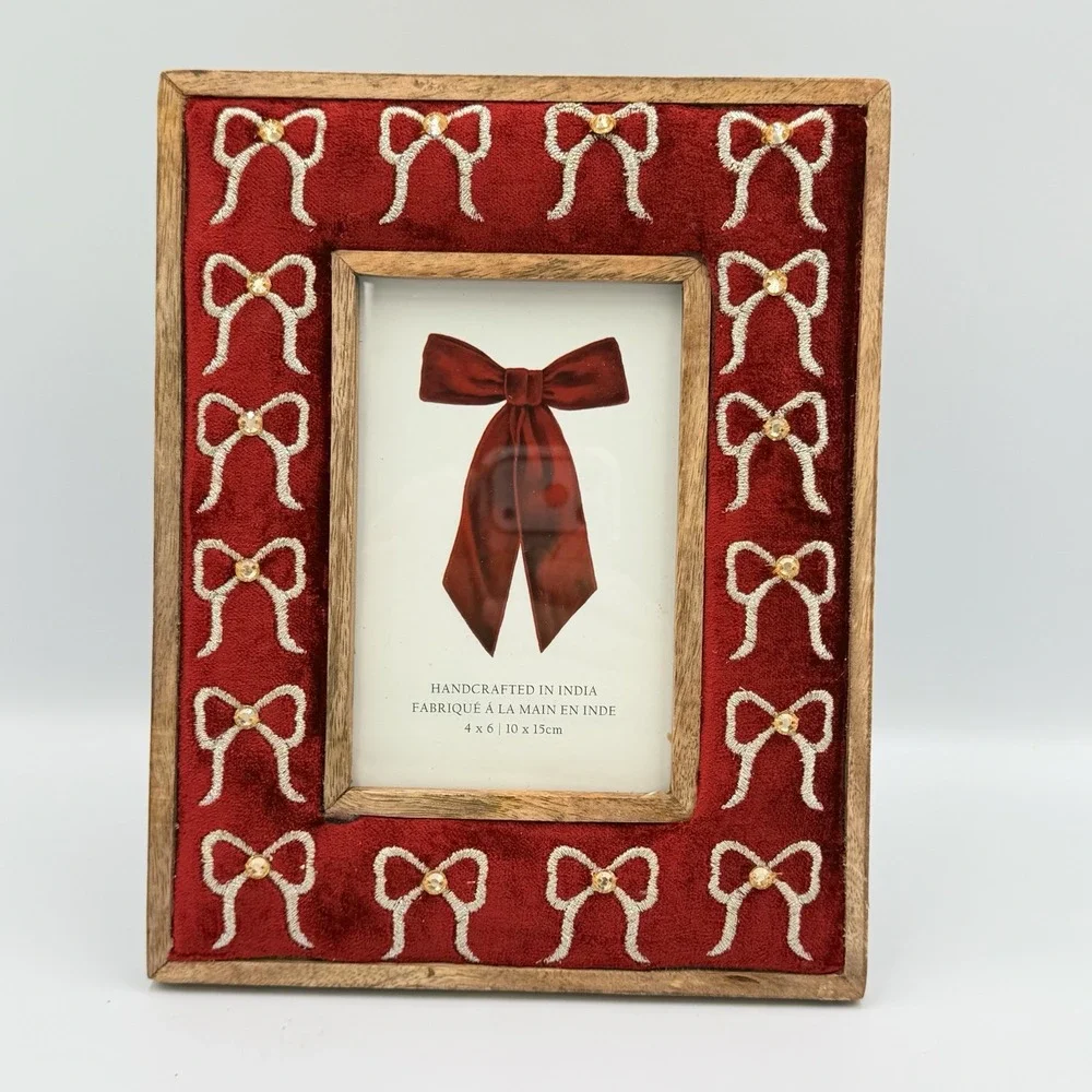 Handcrafted Red Velvet Beaded Bow Picture Frame Wood Coquette Romantic Decor 4x6